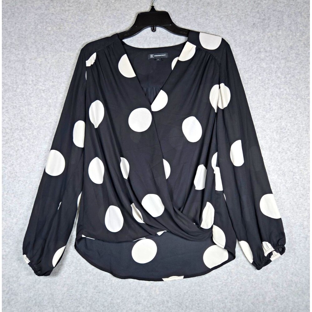 Polka Dot Twisted Faux Wrap Blouse Top Black White Size M Surplice V-Neck Retro